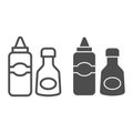 Sauce and mustard line and solid icon, picnic concept, sauce bottles sign on white background, Bottles of ketchup and