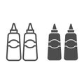 Sauce and mustard line and solid icon, Street food concept, sauce bottles sign on white background, Bottles of ketchup