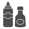 Sauce and mustard solid icon, picnic concept, sauce bottles sign on white background, Bottles of ketchup and mustard