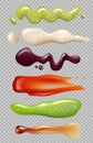 Sauce realistic. Liquid food splashes mayonnaise ketchup chili eating gourmet kitchen ingredients vector templates