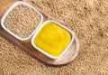 Grains and mustard sauce. Top view - Sinapis alba Royalty Free Stock Photo