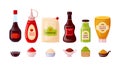 Sauce set with ketchup, soy, mayonnaise, mustard, bbq, wasabi in bowls. Sauce bottles of glass, plastic, wood isolated