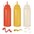 Sauce set. White, red and yellow bottles. Mayonnaise, mustard and ketchup splashes, plastic packaging for branding Royalty Free Stock Photo