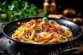 meal meat sauce food spaghetti bacon italian carbonara cheese pasta. Generative AI. Royalty Free Stock Photo