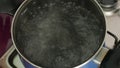 Saucepan with boiling water. The lid opens, rice is poured and stir. The lid closes. Boiled rice in a dark blue pan