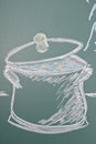 Saucepan. Children chalk drawing on school chalkboard.