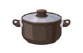 Saucepan covered with lid. Nonstick sauce pan, cook ware. Closed stockpot, kitchen utensil for cooking. Deep non-stick