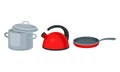 Saucepan, Frying Pan and Kettle for Boiling Water as Metal Kitchen Utensil Vector Set Royalty Free Stock Photo