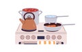 Saucepan, frying pan, skillet, tea kettle on electric stove, cooker. Cooking process with meat steak, soup, water in