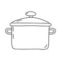 Saucepan with glass lid, doodle style flat vector outline for coloring book