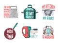 Saucepan and grater, colander and frying pan, mixer and plate. Baking or dirty kitchen utensils, cooking stuff. logo