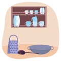 Saucepan grater spatula and tableware in shelf cooking