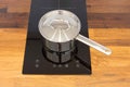 Saucepan ladle with lid on an induction hob built into a wooden kitchen worktop, top view