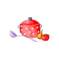 Saucepan, ladle and vegetables