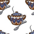 Saucepan with ornament and spoon Bulgarian clay pottery seamless pattern Royalty Free Stock Photo