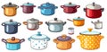 Saucepan, polka dot and metallic pots. Cartoon kitchenware set, supplies and tools for kitchen. Pot for cooking