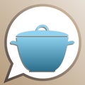 Saucepan simple sign. Bright cerulean icon in white speech balloon at pale taupe background. Illustration