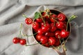Saucepan with sweet red cherries on fabri