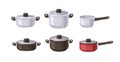 Saucepans, pans, cooking pots, stewpot with lids and handles. Metal utensils. Aluminum, cast iron and stainless steel