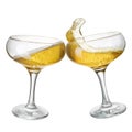 saucer glasses of champagne making toast with splash isolated on white Royalty Free Stock Photo