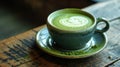 Saucer hosts Green Matcha Tea Latte Cup, Refreshing Twist. Ai Generated Royalty Free Stock Photo