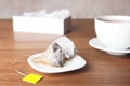 Saucer with pyramid teabags Royalty Free Stock Photo