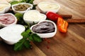 Sauces Assortment. Set of various sauces in bowls with ketchup, mayonnaise, pesto and mustard. Variety of induvidual marinades