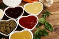 Sauces Assortment. Set of various sauces in bowls with ketchup, mayonnaise, pesto and mustard. Variety of induvidual marinades