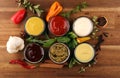 Sauces Assortment. Set of various sauces in bowls with ketchup, mayonnaise, pesto and mustard. Variety of induvidual marinades