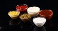 Sauces Assortment. Set of various sauces in bowls with ketchup, mayonnaise, pesto and mustard. Variety of induvidual marinades