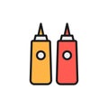 Sauces in bottles, ketchup, mustard, mayonnaise flat color line icon.