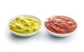 Sauces in bowl. Guacamole and tomato dip