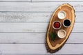 Sauces ketchup, mustard, mayonnaise, sour cream, soy sauce in clay bowls on wooden white background