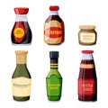 Sauces of Latin American, Asian cuisines. Marinade glass bottles. Vector food illustrations. Cooking ingredients icons