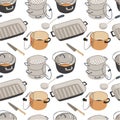 Kitchenware saucepans with lids, frying pan seamless pattern