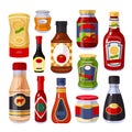 Sauces and spices, ketchup in bottles set Royalty Free Stock Photo