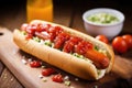 saucing a hot dog with spicy ketchup Royalty Free Stock Photo