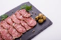 Saucisson sec delicious french salami on a white background Royalty Free Stock Photo