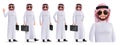 Saudi arab boss vector character set design. Arabian business man characters holding briefcase bag with sunglasses element.