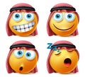 Saudi arab emoticons vector set. Saudi arab face emojis with sleeping, surprise and happy expressions.