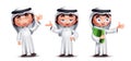 Saudi arab kids characters vector set design. Arab kids character standing collection with happy and sad facial expression.