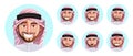 Saudi arab man faces vector set. Arabian characters in smiling, sad, angry and handsome facial expression isolated.