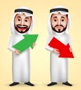 Saudi arab man vector character holding up and down arrow for business Royalty Free Stock Photo