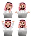 Saudi arab man vector character set in front of laptop with different actions