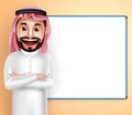 Saudi arab man vector character wearing thobe speaking with blank white board Royalty Free Stock Photo