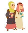 Saudi Arab Muslim boy and girl kids going to school vector cartoon characters Royalty Free Stock Photo