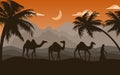 Saudi arab, old camels in desert. Arabian dunes and sand, history islam trade, adventure in caravan. Sahara safari