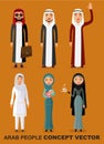 Saudi arab people characters stand set in flat style isolated on background. Muslim people, saudi cartoon man and woman.