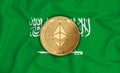 Saudi Arabia flag ethereum gold coin on flag background. The concept of blockchain bitcoin currency decentralization in the