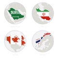 Saudi Arabia, Iran, Canada, Norway map contour and national flag in a circle